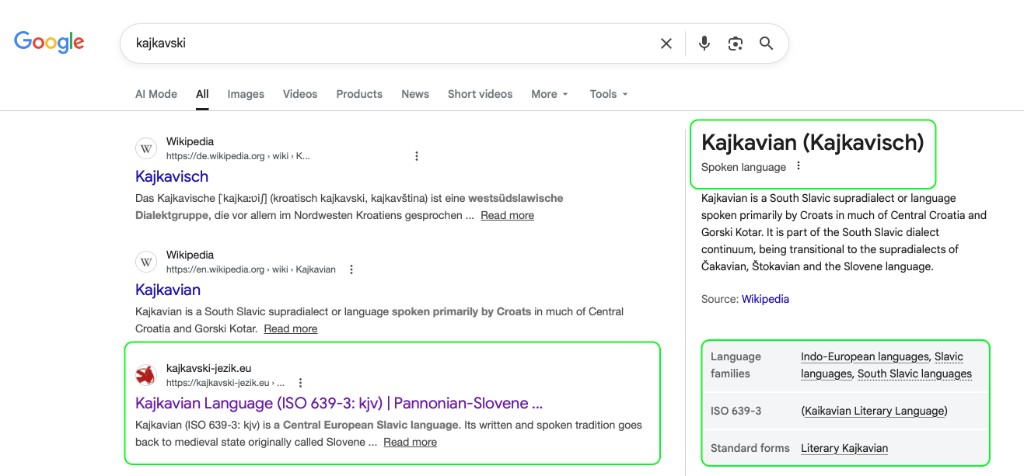 Google Knowledge Panel za kajkavski - Govorni jezik s ISO 639-3 kodom kjv